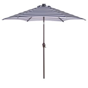 Outdoor Patio 8.7-Feet Market Table Umbrella with Push Button Tilt and Crank; Blue White Stripes With 24 LED Lights[Umbrella Base is not Included]