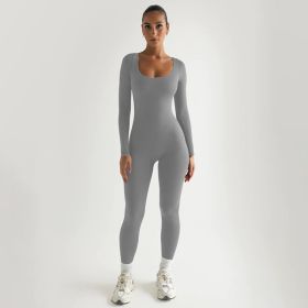 Sexy Soft High Elastic Long-sleeved Tights Trousers Jumpsuit (Option: L-Light Gray)