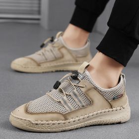 Spring Summer Leather Mesh Casual Shoes Men Slip on Elastic Band Low Top Sneaker Fashion Round Toe Solid High Quality Breathable (Color: Beige, size: 46)