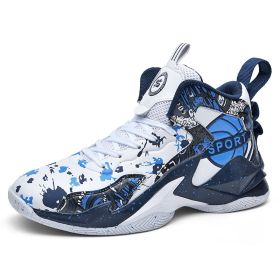 Basketball shoes breathable and comfortable sports shoes training sports brand men's basketball shoes 36-45 yards (Color: White Blue, size: 36)