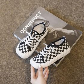 Children Casual Canvas Shoes 26-37 Big Kids Spring Summer Autumn New Boy Girl Sneakers Square Toe Lace Up Comfortable Breathable (Color: black white plaid, size: 32)