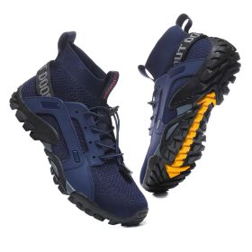 Spring Autumn Outdoor Mesh Fly Woven Sport Hiking Shoes Men Big Child Fashion Breathable High-top Climbing Walking Elastic Laces (Color: Navy Blue, size: 45)