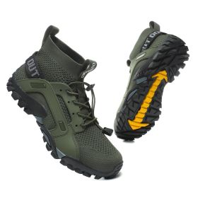 Spring Autumn Outdoor Mesh Fly Woven Sport Hiking Shoes Men Big Child Fashion Breathable High-top Climbing Walking Elastic Laces (Color: Army Green, size: 41)