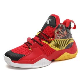 New high-top mesh basketball shoes men's cushioning lightweight basketball sneakers men's breathable outdoor sports shoes (Color: Red, size: 43)