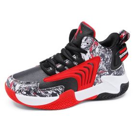 Boys Basketball Shoes High Quality Soft Top Thick Sole Non-slip Kids Sneakers Children Trainer Shoes Outdoor Boy Sport Basket (Color: Black red, size: 31)