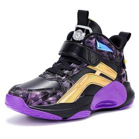 Boys Men Basketball Shoes 2021 New Spring Kids Sneaker Outdoor Big Kids Non-slip Sports Shoes Footwear Shoes Basket Sport (Color: Black purple, size: 35)