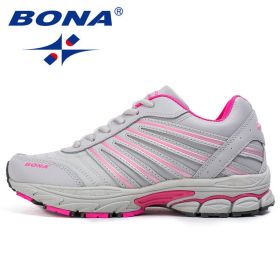 BONA New Basic Style Women Running Shoes Lace Up Sport Shoes Outdoor Jogging Walking Shoes Comfortable Sneakers Free Shipping (Color: Gray Pink, size: 8.5)