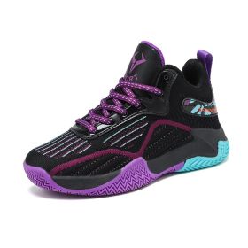 Boys Basketball Shoes Thick Sole Soft Summer Boys Sneakers Non-Slip Leather Children Sport Shoes Outdoor Mesh Boy Basket Girls (Color: Black purple, size: 39)