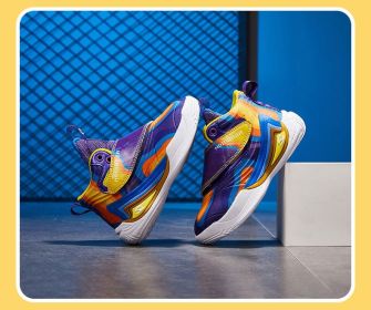 2022 New Children's Sneakers Boys Basketball Sports Shoes for Boys High Quality Running Kids Shoes Chaussure Enfant Spring (Color: Purple yellow, size: 28)