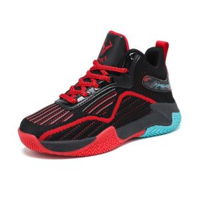 Boys Basketball Shoes Thick Sole Soft Summer Boys Sneakers Non-Slip Leather Children Sport Shoes Outdoor Mesh Boy Basket Girls (Color: Black red, size: 33)