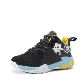 Boys Basketball Sport Shoes Children Running Sneakers Kids Non-Slip Tenis Sneakers Breathable Mesh Casual Shoes Girls Walking (Color: Black yellow moonlig, size: 36)