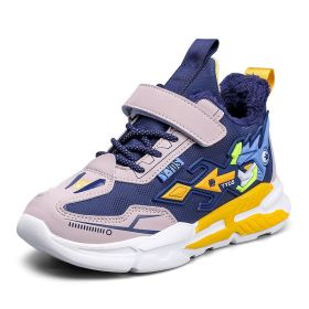 Fashion Kids Sneakers Outdoor Children Sport Shoes Winter Plush Warm Boys Tennis Sneakers Leather Non-slip Girls Snow Shoes 2022 (Color: Navy Blue, size: 30)