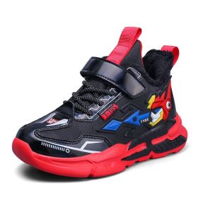 Fashion Kids Sneakers Outdoor Children Sport Shoes Winter Plush Warm Boys Tennis Sneakers Leather Non-slip Girls Snow Shoes 2022 (Color: Black red, size: 31)