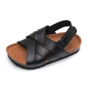 2022 Summer Girls Leather Sandals for Children Beach Shoes Kids Sports Soft Non-slip Casual Toddler Baby Sandals (Color: Black, size: 34-insole 21.7cm)