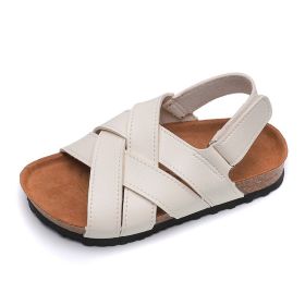 2022 Summer Girls Leather Sandals for Children Beach Shoes Kids Sports Soft Non-slip Casual Toddler Baby Sandals (Color: White, size: 27-insole 17.5cm)