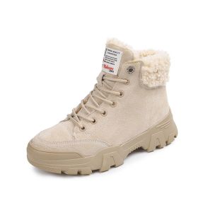 Ladies Snow Boots Plush Warm Fur Casual Martin Boots Shoes Sports Shoes Ankle Boots Thick-soled Lace-up Short-tube Winter Shoes (Color: Beige, size: 36)