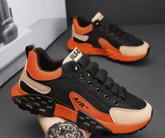 New men's net surface casual sports fashion shoes comfortable all fashion breathable soft soled daddy shoes men's fashion shoes (Color: Black orange, size: 43)