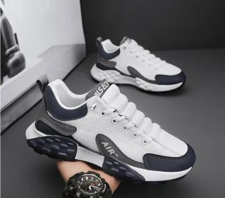 New men's net surface casual sports fashion shoes comfortable all fashion breathable soft soled daddy shoes men's fashion shoes (Color: White and blue, size: 43)