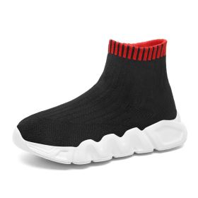 Spring and autumn new children's thick soled knitted vamp flying woven high top socks shoes breathable comfortable light outdoor leisure sports shoes (Color: Black  red, size: 34)