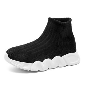 Spring and autumn new children's thick soled knitted vamp flying woven high top socks shoes breathable comfortable light outdoor leisure sports shoes (Color: Black, size: 26)