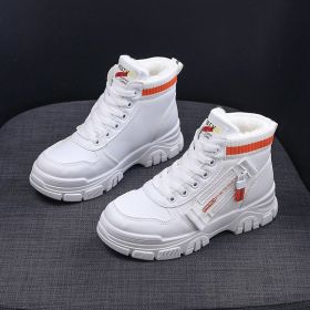 High-Top Sneakers Female 2022 Autumn And Winter Student Leisure Models Wild Women's Sports Shoes Waist Plus Velvet Snow Boots (Color: White orange, size: 36)