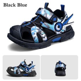 Kids Sandals for Boys 2022 Summer Children Fashion Hollow Shoes Camouflage Pattern Toddler Boys Sports Sandals Non-Slip Slippers (Color: Black blue, size: 37)