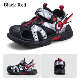 Kids Sandals for Boys 2022 Summer Children Fashion Hollow Shoes Camouflage Pattern Toddler Boys Sports Sandals Non-Slip Slippers (Color: Black red, size: 37)