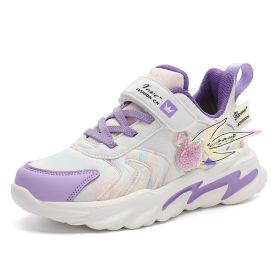 Fashion New Children's Sports Leather Shoes Girl Soft-Soled Shoes Girl Outdoor Tennis Sneakers student non-slip Running Shoes (Color: Purple, size: 35)