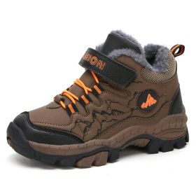 FLARUT Kids Winter Shoes Boys Hiking Shoes Plus Fur Warm Sport Running Shoes Waterproof Non-slip Outdoor Soft Climbing Sneakers (Color: brown winter shoes, size: 5.5)