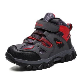 Winter Children Shoes Hiking Shoes Non-slip Sports Shoes Warm Outdoor Boys Boots Teenagers Mountain Climbing Trekking Sneakers (Color: Red Hiking Shoes, size: 7)