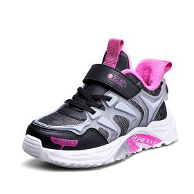 Winter Warm Plush Soft Children's Sneakers Girls Fashion Casual Outdoor Non-slip Running Shoes Girls Flat Tennis Sports Footwear (Color: Black, size: 31)