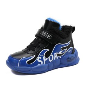 Boys Running Shoes Winter Fashion Children Sport Shoes Pu Leather Waterproof Kids Sneakers Warm Plus Fur Boots Trekking Shoes (Color: Blue Running Shoes, size: 11.5)