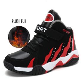 Waterproof Kids Sport Shoes High Top Boys Basketball Shoes Spring Autumn Leather Running Shoes Non-slip Sneakers Tenis Infantil (Color: red shoes with fur, size: 3)