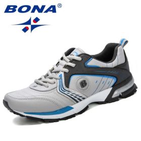 BONA Running Shoes Men Fashion Outdoor Light Breathable Sneakers Man Lace-Up Sports Walking Jogging Shoes Man Comfortable (Color: L gray D grey L blue, Shoe Size: 10.5)