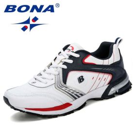 BONA Running Shoes Men Fashion Outdoor Light Breathable Sneakers Man Lace-Up Sports Walking Jogging Shoes Man Comfortable (Color: White deep blue red, Shoe Size: 9)