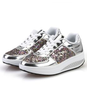 Women Casual Glitter Shoes Mesh Flat Shoes Ladies Sequin Vulcanized Shoes Lace Up Sneakers Outdoor Sport Running Shoes 2022 (Color: Silver, Shoe Size: 38)