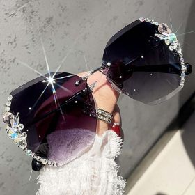 2023 Luxury Brand Design Vintage Rimless Rhinestone Sunglasses Women Men Fashion Gradient Lens Sun Glasses Shades (Frame Color: As Picture, Lenses Color: 05 Gradient Gray)