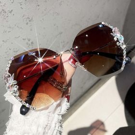 2023 Luxury Brand Design Vintage Rimless Rhinestone Sunglasses Women Men Fashion Gradient Lens Sun Glasses Shades (Frame Color: As Picture, Lenses Color: 03 Gradient Brown)