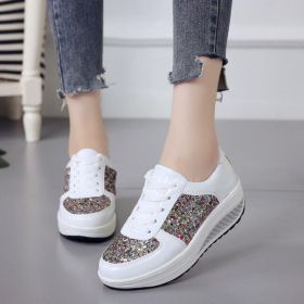 Women Casual Glitter Shoes Mesh Flat Shoes Ladies Sequin Vulcanized Shoes Lace Up Sneakers Outdoor Sport Running Shoes 2022 (Color: White, Shoe Size: 40)